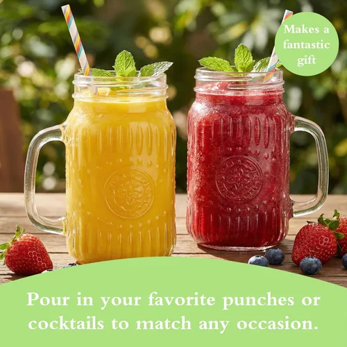 Miniatura 9 de SUT Mason Jar - Vasos para beber con asa, paquete de 6, 16 onzas, tazas de tarro Mason en relieve vintage para café helado, jugo, té y cerveza