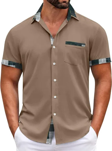 Miniatura 2 de RTRDE Men's Button Down Shirts Short Sleeve Plaid Print Summer Beach Wedding Vacation Dress Shirts, M-4XL
