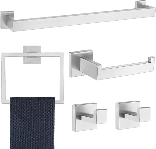 Accesorios de baño de 5 piezas, níquel cepillado, toalleros de 24 pulgadas, juego de toalleros cuadrados de acero inoxidable, montado en la pared