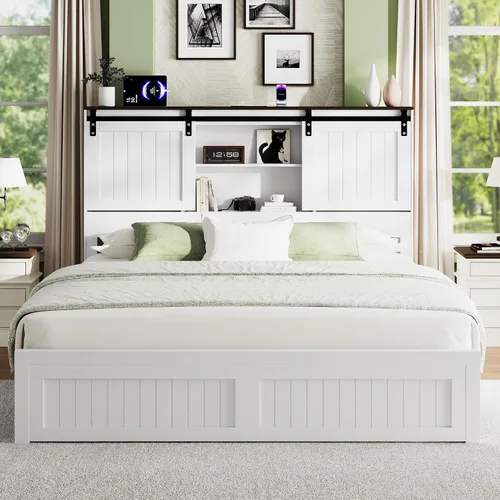 Miniatura 9 de Base de cama tamaño Queen con almacenamiento, puerta corrediza de granero, cama de plataforma de madera de granja con luz de lectura y estación