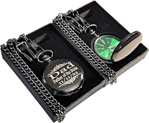 1 reloj de bolsillo grabado - Viene con caja personalizada, cadena y grabado. Esfera verde con números romanos plateados, regalos de boda Negro