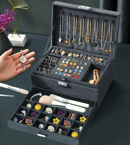 Miniatura 6 de Joyeros para mujer, organizador de joyas de terciopelo gris con cerradura, organizadores de joyas para adolescentes, organizador de joyas