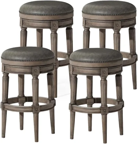 Miniatura 37 de Maven Lane Pullman Taburete de Bar de Madera Giratorio 180 Grados sin Respaldo de 30" de Altura con Ribete de Tachuelas, Acabado Blanco Alabastro