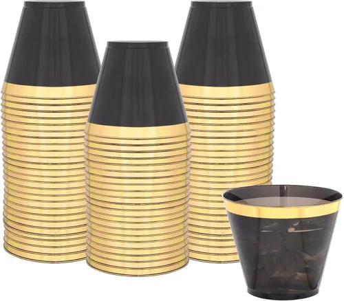 Miniatura 11 de Superrnal 100 piezas Vasos de Plástico Dorados y Negros 9OZ Elegantes Vasos Transparentes con Borde Dorado para Fiestas Vasos Desechables Elegantes