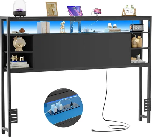 Miniatura 9 de Unikito Cabecera individual con almacenamiento, cabeceros con toma de corriente y luces LED inteligentes, cabecera resistente para cama