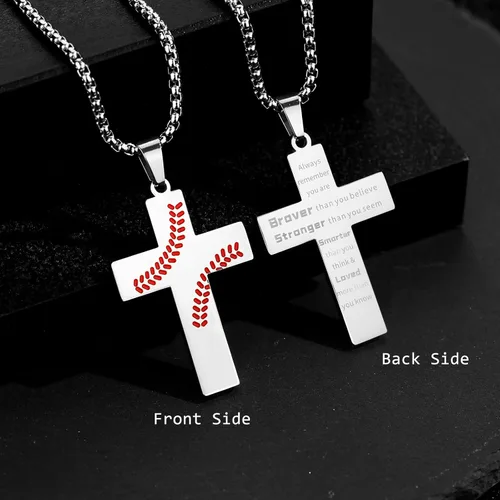 Miniatura 2 de Collar de cruz de béisbol para niños, colgante de cruz de versículo bíblico inspirador de cadena de acero inoxidable de 22 + 2 pulgadas, joyería