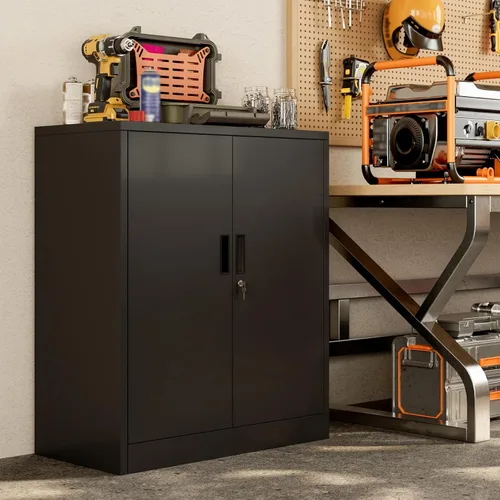 Miniatura 8 de BESFUR Armario de almacenamiento de metal de 36 pulgadas de alto, gabinete de metal negro con 2 puertas con cerradura y 2 estantes ajustables
