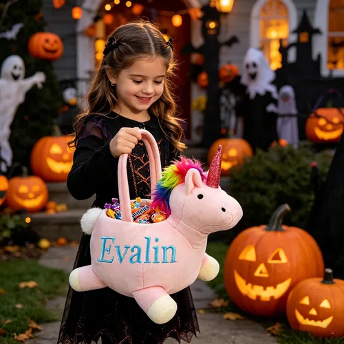 Miniatura 2 de Cesta personalizada para cacería de huevos de Pascua, cesta de unicornio de felpa con nombre impreso (cesta de unicornio con personalización)