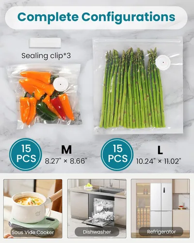 Miniatura 7 de Máquina selladora al vacío FEPPO para alimentos con tanque de agua visible, máquina selladora al vacío compacta portátil con 30 bolsas reutilizables