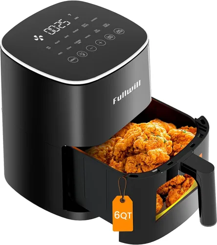 Fullwill Freidora de aire 6QT con ventana visible, cesta antiadherente y apta para lavavajillas, freidora de aire multifunción 12 en 1, asar, Negro