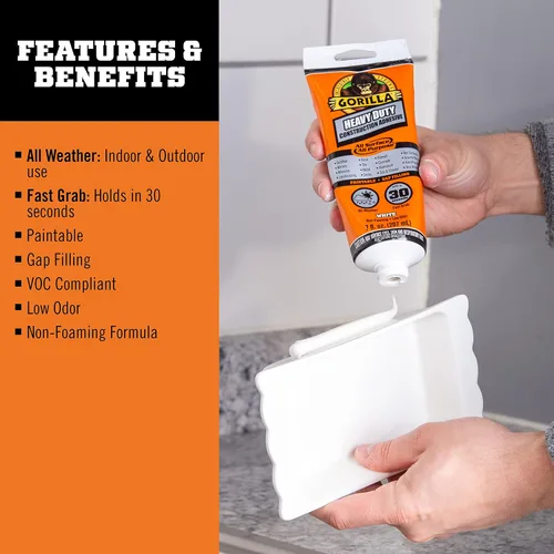 Miniatura 2 de Gorilla Adhesivo de construcción de gran potencia, pegamento blanco, tubo de compresión de 7 onzas (paquete de 1) - Relleno de espacios y resistente