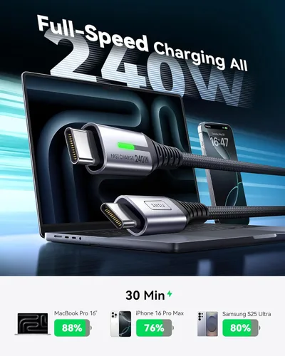 Miniatura 2 de INIU Cable USB C a USB C, cable de carga rápida tipo C de 240 W, cable de carga trenzado USBC para iPhone 17, 16 Pro Max, Samsung S26 S25, Negro
