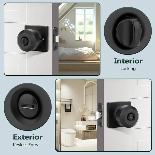 Miniatura 4 de EHOMEWARE Paquete de 2 pomos de puerta interiores, manija de puerta negra con cerradura, pomo de puerta de dormitorio/baño sin llave, pomo redondo