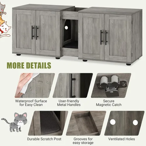 Miniatura 4 de GAOMON Caja de arena con doble jaula, casa para gatos, caja de arena oculta para 2 gatos, muebles de madera cerrada para gatos, 55 pulgadas de largo
