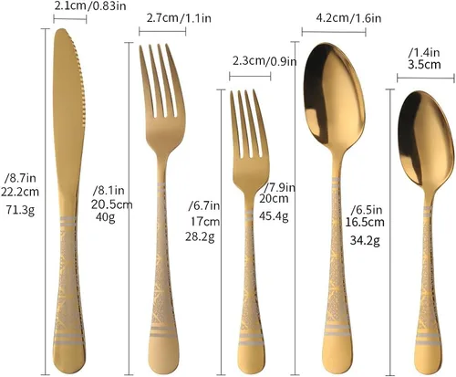 Miniatura 7 de Juego de cubiertos martillados dorados para 4, 20 piezas, diseño único de acero inoxidable, incluye cuchillos, tenedores, cucharas, esmalte de Oro