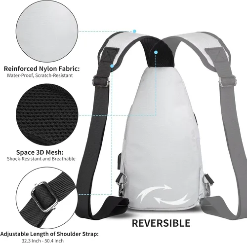 Miniatura 4 de AMJ Bolso cruzado tipo bandolera para hombres y mujeres, mochila de hombro casual, mochila de pecho tipo morral para senderismo y viajes Blanco Gris