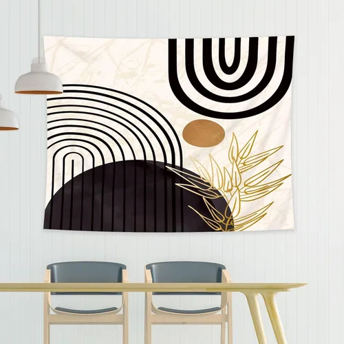 Miniatura 4 de KOMLLEX Mid Century Abstract Tapestry 59Wx51H Boho Neutral Arch Sun Leaves Minimalist Modern Geometric Simple Black Gold Aesthetic Wall Hanging