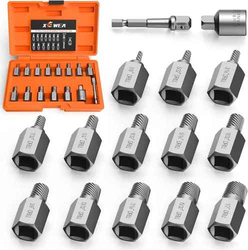 XEWEA Juego de extractor de tornillos mejorado de 15 piezas, kit de herramienta de extracción de tornillos y pernos pelados de 3/8" de pulgada, de