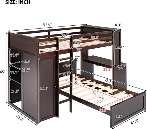 Miniatura 2 de Cama tipo loft multifuncional de tamaño individual con una cama y escritorio independientes, cama tipo loft de madera maciza con estantes y armario