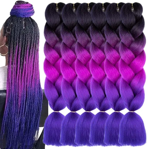 Miniatura 18 de 3 paquetes de extensiones de cabello sintético para trenzar de color negro a azul, tamaño jumbo ombré, de 24 pulgadas o trenzas de ganchillo
