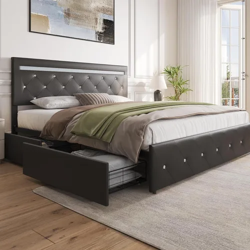 Miniatura 7 de Benevika Base de cama de tamaño completo con 4 cajones y estación de carga, cama tapizada de cuero PU con cabecera LED ajustable, soporte de Negro