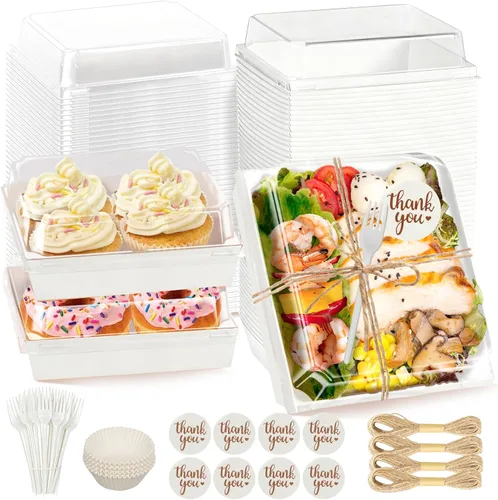 Miniatura 7 de Paquete de 100 Cajas de Charcutería con Tapas Transparentes, 5.5 Pulgadas Mini Envases de Comida para Llevar+200 Palillos para Cóctel+100 Etiquetas