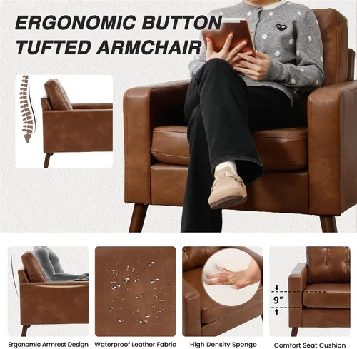 Miniatura 3 de HNY Sillón moderno de mediados de siglo, silla decorativa de piel sintética con botones y reposabrazos, silla tapizada para sala de estar