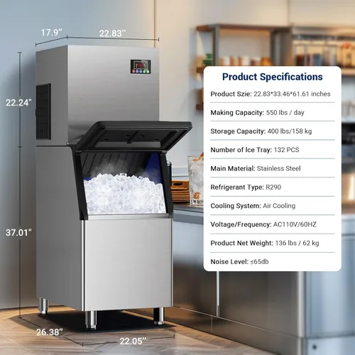 Miniatura 7 de Máquina de hielo comercial de 550 libras/24 horas, 132 cubitos de hielo listos en 5-15 minutos con contenedor de almacenamiento de 400 libras