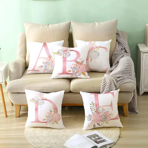 Miniatura 5 de Fundas de Almohada Decorativas del Alfabeto, Fundas de Cojín con Letras ABC y Flores, Fundas de Cojín Cuadradas de 18 x 18 Pulgadas, Protectores
