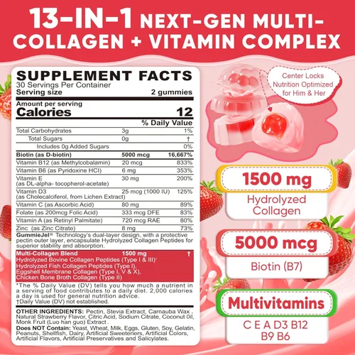 Miniatura 2 de Gomitas de péptido de colágeno para mujeres y hombres, sin azúcar, multicolágeno hidrolizado con 1500 mg de proteína tipo I, II, III, V, X, 5000 mcg