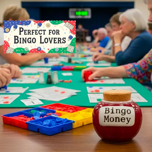 Miniatura 5 de Cottage Creek Tarro de dinero de bingo, alcancía de cerámica roja de 6 pulgadas para adultos, divertido tarro de monedas y accesorios de bingo