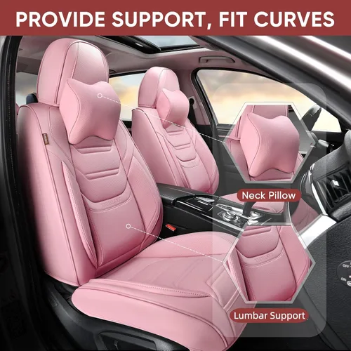 Miniatura 3 de TIEHESYT Fundas de asiento delantero de automóvil color rosa, par de fundas de cuero transpirable para asientos delanteros y reposacabezas, funda