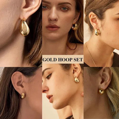 Miniatura 4 de LOUMILEO 6 Pairs Chunky Gold Hoop Earrings Set for Women 14K Gold Plated Teardrop Waterdrop Earrings Dupes Lightweight Hypoallergenic Gold Earrings