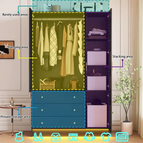 Miniatura 5 de Armario LED de 3 puertas con espejo, armario de madera moderno de 75 pulgadas de alto con 3 cajones, armario de almacenamiento de ropa independiente