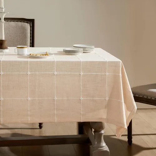 Miniatura 85 de ZeeMart - Mantel de mesa con diseño de cuadrícula boho y borlas (blanco roto, 132 cm x 132 cm), mantel de gran peso de lino a cuadros bordado