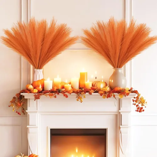 Miniatura 3 de obbsie 50 piezas de decoración de hierba de pampa falsa naranja quemado, 21.6 pulgadas de hierba pomposa artificial corta de otoño, ramas de hierba