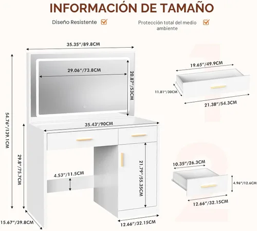Miniatura 3 de Sweetcrispy Escritorio de tocador con espejo LED de 35.4" y luces, mesa de maquillaje con estación de carga (2AC/USB/C), 2 cajones y gabinete