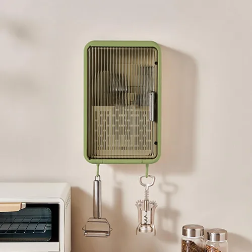 Miniatura 2 de Organizador de palillos montado en la pared, a prueba de polvo, almacenamiento de utensilios de cocina con tapa, adecuado para cucharones, tenedores