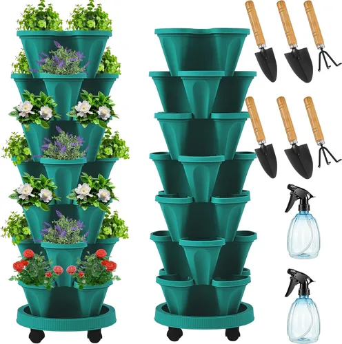 Miniatura 10 de Umigy Juego de 2 macetas verticales de 7 niveles, apilables, macetas de fresa, hierbas y verduras, macetas de jardinería para interiores