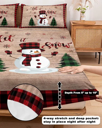 Miniatura 5 de Juego de sábanas con diseño de muñeco de nieve y árbol navideño para cama tamaño queen, 3 piezas - Sábanas con bolsillo profundo que se ajustan a