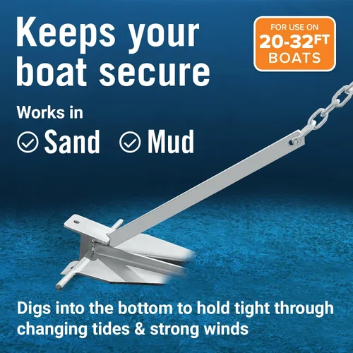Miniatura 5 de Kit de anclaje para lancha pesada Fluke Anchor con cadena de anclaje y cuerda de anclaje para lancha para incluir anclajes de barco para barcos