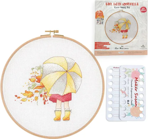 Miniatura 9 de Maker Susan Kits de punto de cruz para adultos y principiantes con patrón de días de primavera con aro de madera, tela DMC, hilos y agujas, tarjetas
