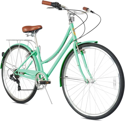 Miniatura 7 de MICARGI Kansans Beach Cruiser Bike - Empuñaduras de cuero de 7 velocidades y cojín de asiento V-Brake para adultos Vainilla