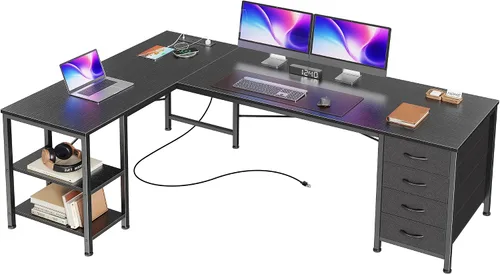 Huuger Escritorio en forma de L de 55 pulgadas con cajones de tela, escritorio reversible para juegos para computadora con tomas de corriente y