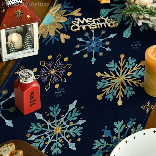Miniatura 3 de Artoid Mode Camino de mesa hexagonal con copos de nieve azules de invierno, decoración de mesa de cocina para Navidad, para fiestas en el hogar al