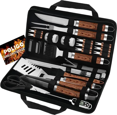POLIGO Juego de 29 piezas de accesorios para parrilla de barbacoa de acero inoxidable con bolsa de almacenamiento para regalos del Día del Padre,