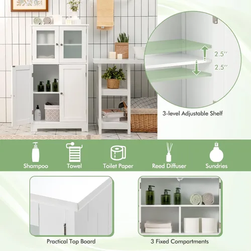 Miniatura 5 de Giantex Armario de almacenamiento con puertas – Armario de piso de baño, armario alto independiente con 2 puertas de vidrio templado, estante Blanco