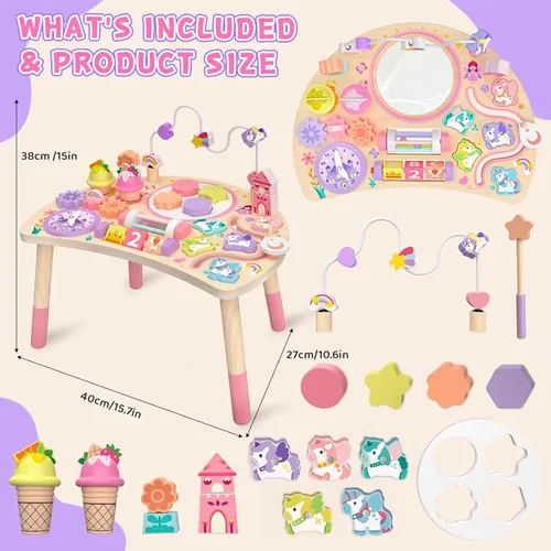 Miniatura 5 de Mesa de actividades de madera para niños pequeños de 1 a 3 años, unicornio 10 en 1, tablero Montessori ocupado con forma de laberinto de cuentas