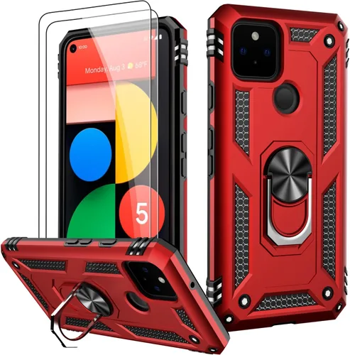 LUMARKE Funda para Google Pixel 5 con protector de pantalla, pasa 16 pies, probada en caídas, grado militar, con soporte de anillo magnético, Rojo