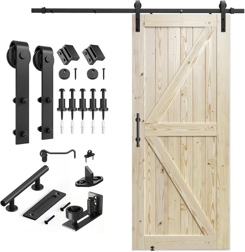 Miniatura 13 de SMARTSTANDARD Puerta corredera de granero de 28 x 84 pulgadas con kit de herrajes para puerta de granero de 5 pies incluido, puerta de madera